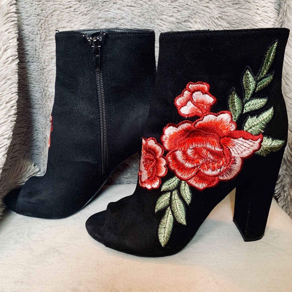 Black Rose-Stitched Peep-Toe Booties